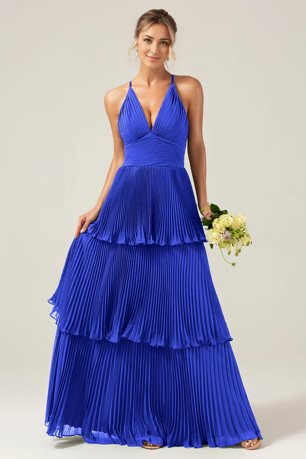 DingJiDress A-Line Wedding Guest Dresses Halter Tiered Floor Length Chiffon Long Bridesmaid Dress