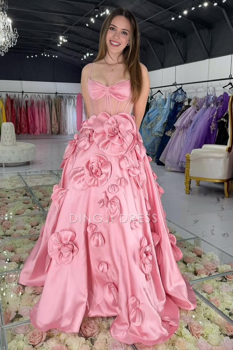 DingJiDress Formal Dress Exquisite A-Line V-Neck Spaghetti Strap Sleeves 3D Florals Party Unique Prom Dress