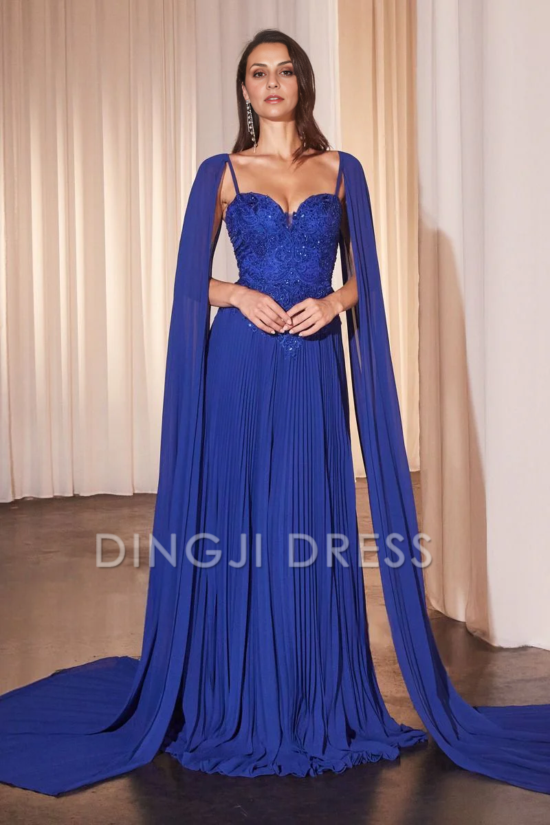 DingJiDress Evening Dress Pleated A Line Spaghetti Strap Lace Bodice Sweetheart Cape Sleeves Fashion Mother Of The Bride Dress