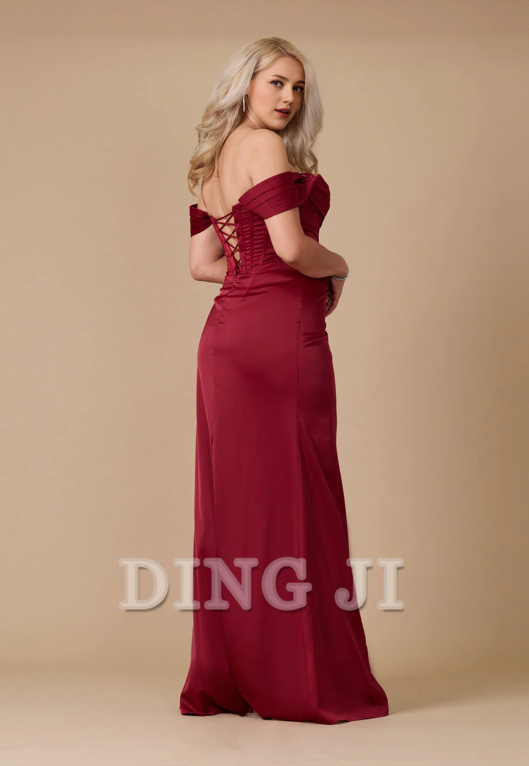 DingJiDress Bridesmaid Dresses Off Shoulder sweetheart neckline Corset Satin Backless Side Fork Dresses Long Wedding Guests Dresses