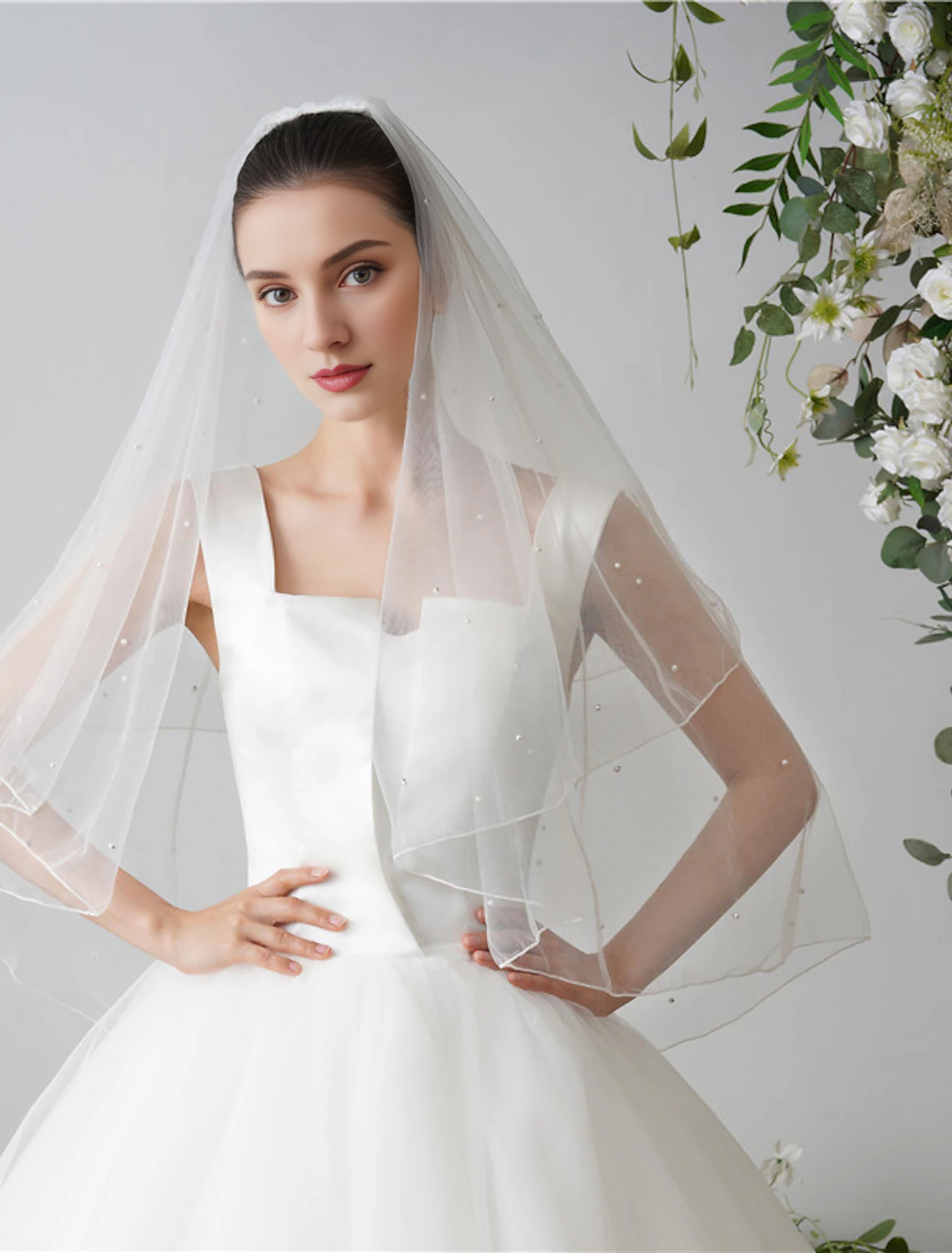 DingJi High Quality Two-tier Pearls Wedding Veil Fingertip Veils Faux Pearl 84.65 in (215cm) Tulle Hot Sale Veil