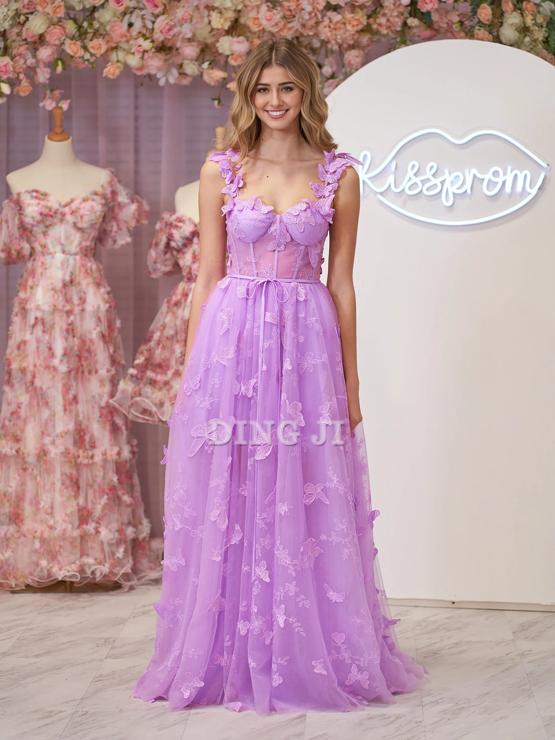 DingJiDress Elegant Fantastic Evening Dress A-line Butterfly Lace Lilac Corset Prom Dress Side Fork Romantic Formal Wear Dresses Wedding Guest Dresses