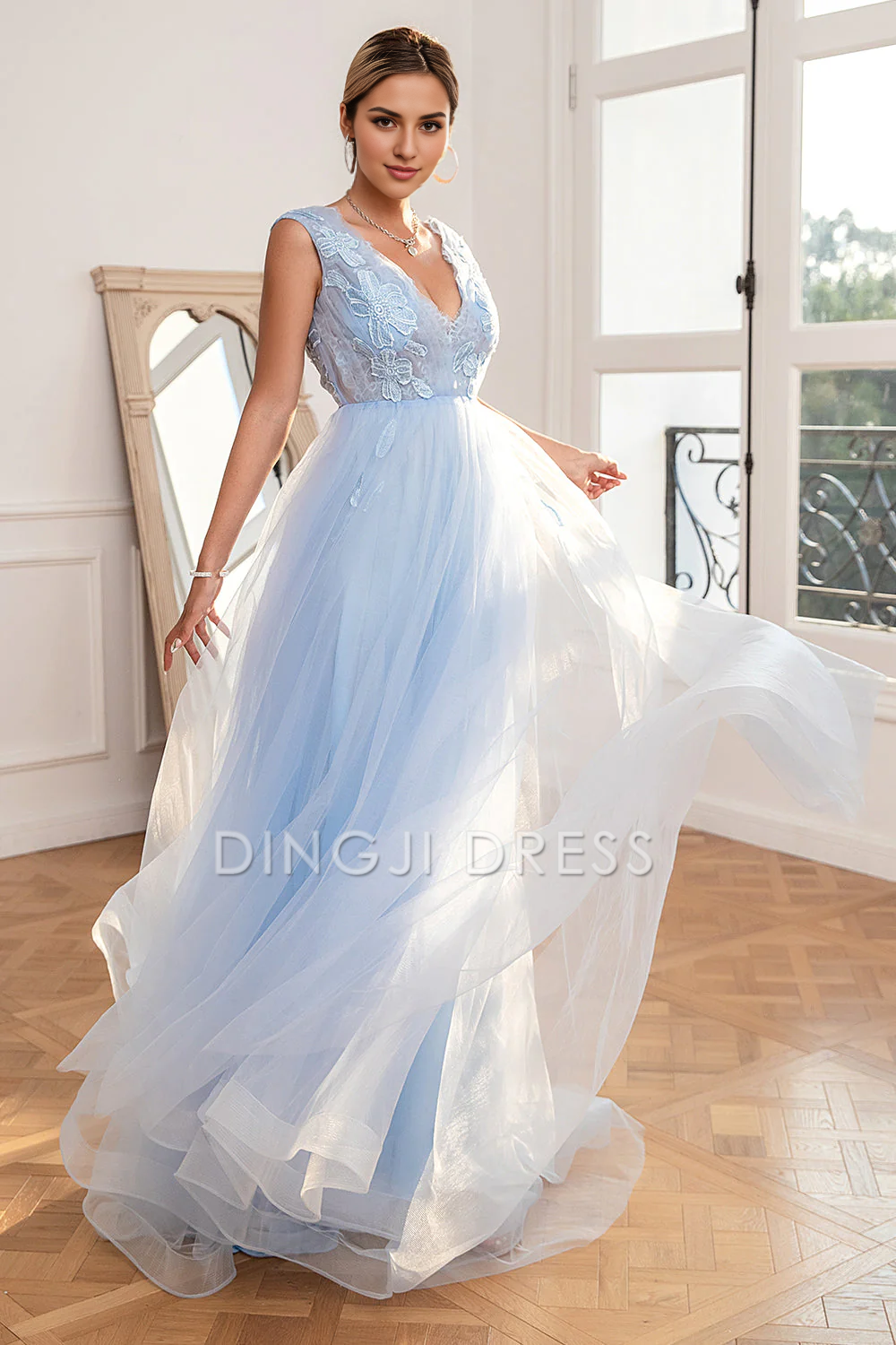 DingJiDress High Quality Dress Evening Dress A Line Deep V Neck Sleeveless Backless Appliques Fantastic Long Prom Dress