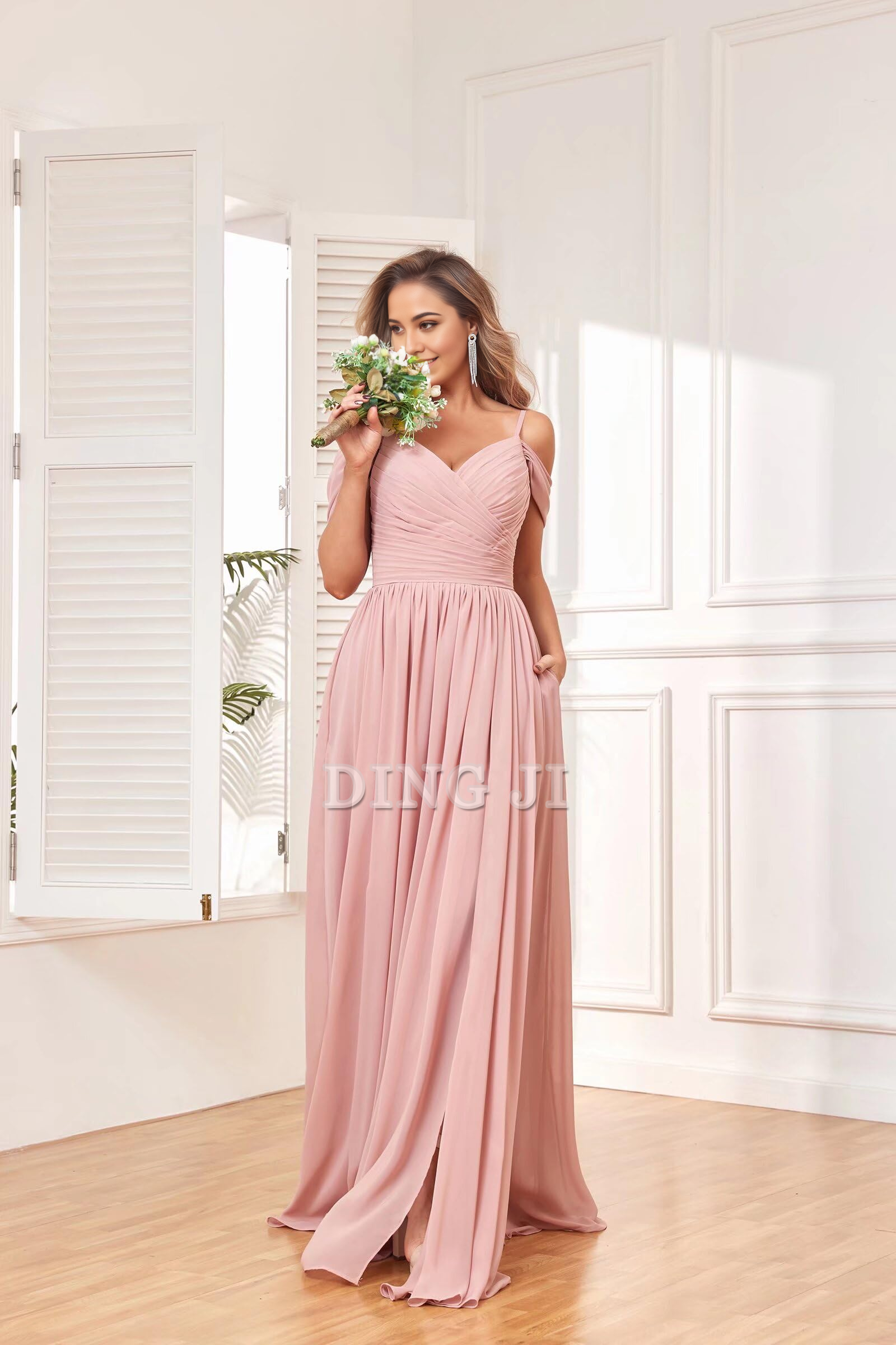 DingJiDress Bridesmaid Dresses Elegant V Neck Off The Shoulder Ruched Chiffon Side Fork Long Formal Wear Dresses