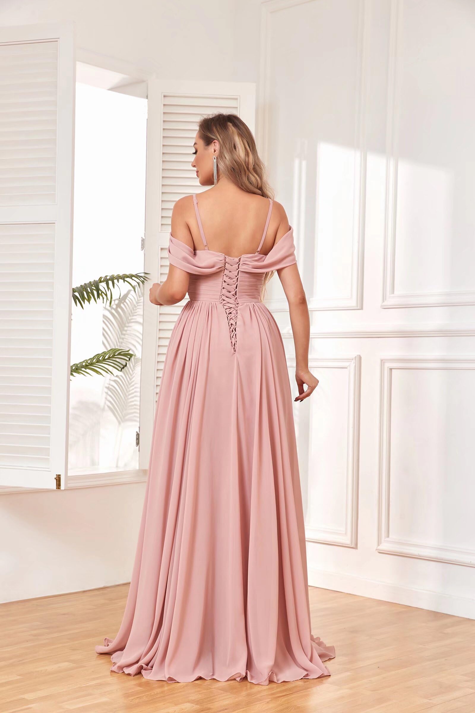DingJiDress Bridesmaid Dresses Elegant V Neck Off The Shoulder Ruched Chiffon Side Fork Long Formal Wear Dresses