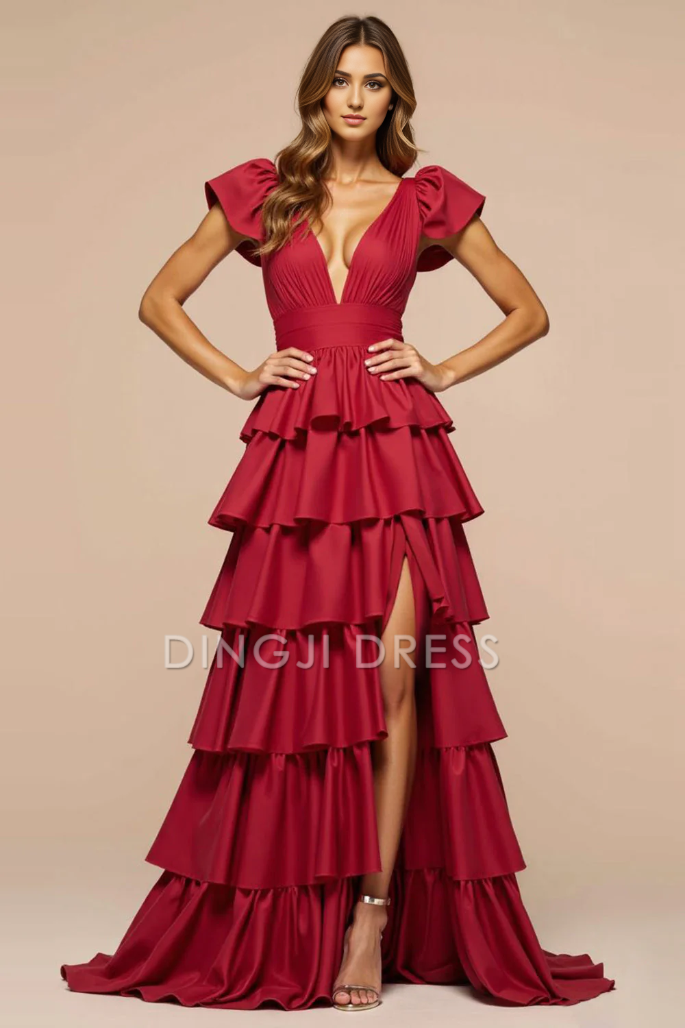 DingJiDress High Quality Dress Elegant A Line Deep V Neck Ruffles Tiers Fashion Long Prom Dress