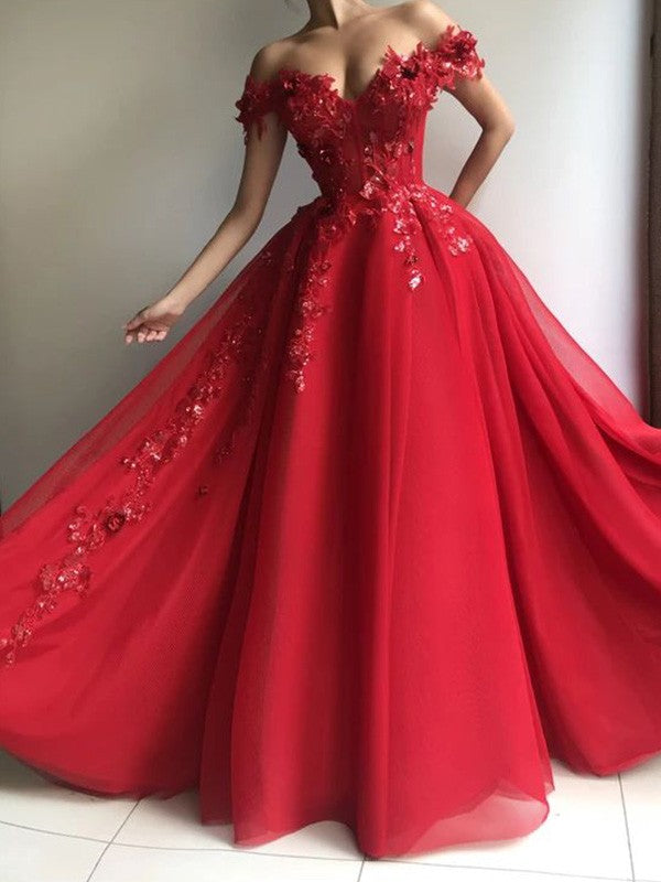 A-Line/Princess Tulle Off-the-Shoulder Sleeveless Applique Floor Length Dresses