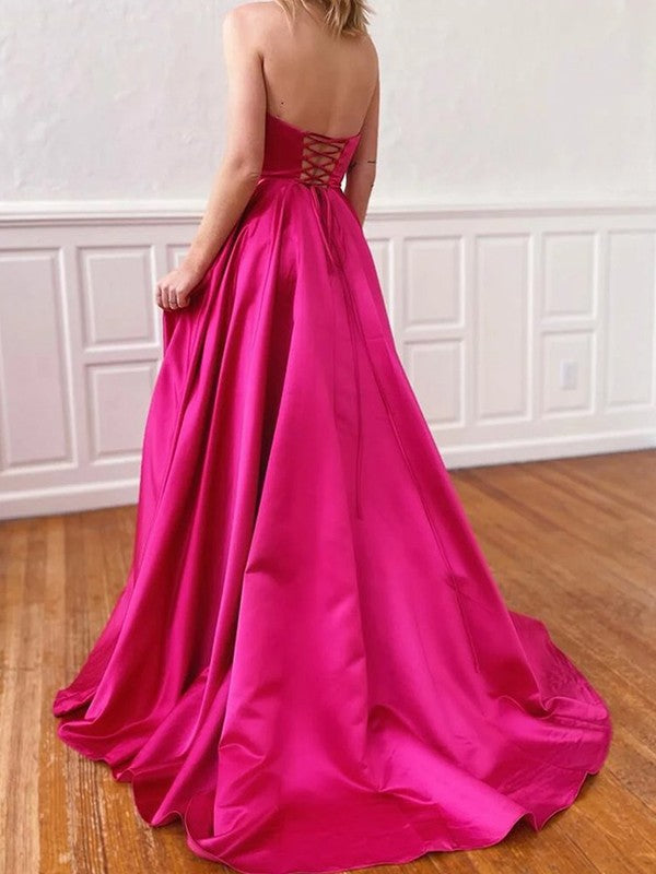 A-Line/Princess Satin Ruffles Strapless Sleeveless Sweep/Brush Train Dresses