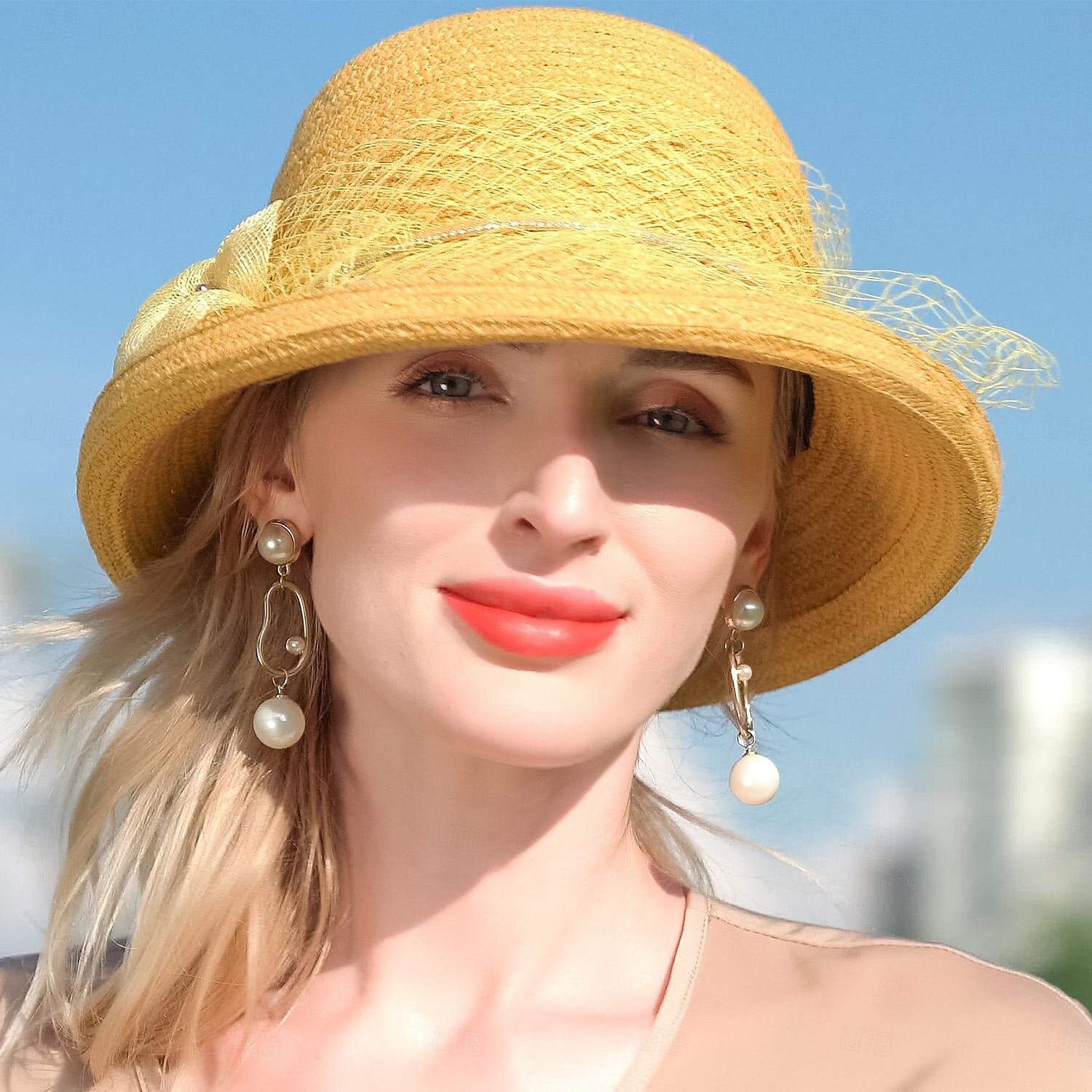 DingJiDress Hats Fiber Bucket Hat Floppy Hat Straw Hat Wedding Tea Party Elegant Wedding With Flower