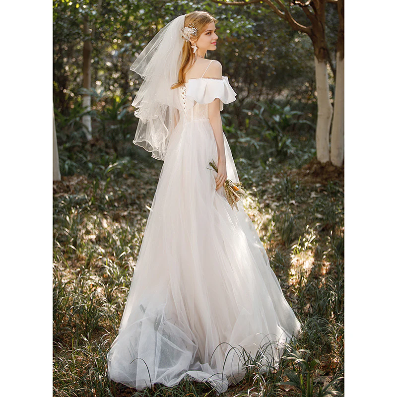 DingJiDress Formal Women's Dresses Spaghetti Strap Bow Neck Long Elegant Fantastic Wedding Dress No veil