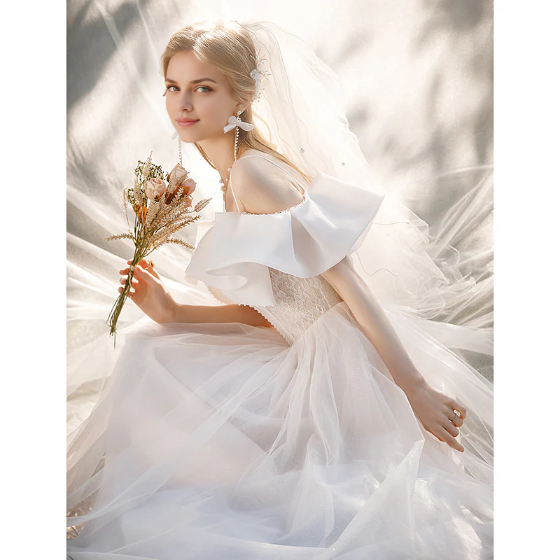 DingJiDress Formal Women's Dresses Spaghetti Strap Bow Neck Long Elegant Fantastic Wedding Dress No veil
