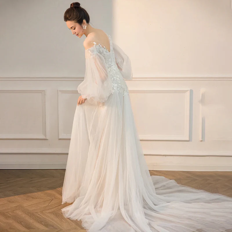 DingJiDress Formal Women's Dresses Off Shoulder Long Sleeves Lace Applique Fairy Bridal Wedding Dress