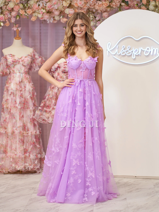 DingJiDress Elegant Fantastic Evening Dress A-line Butterfly Lace Lilac Corset Prom Dress Side Fork Romantic Formal Wear Dresses Wedding Guest Dresses