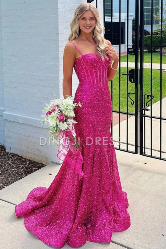 DingJiDress Shiny Charming Mermaid Spaghetti Straps Long Elegant Prom Dress