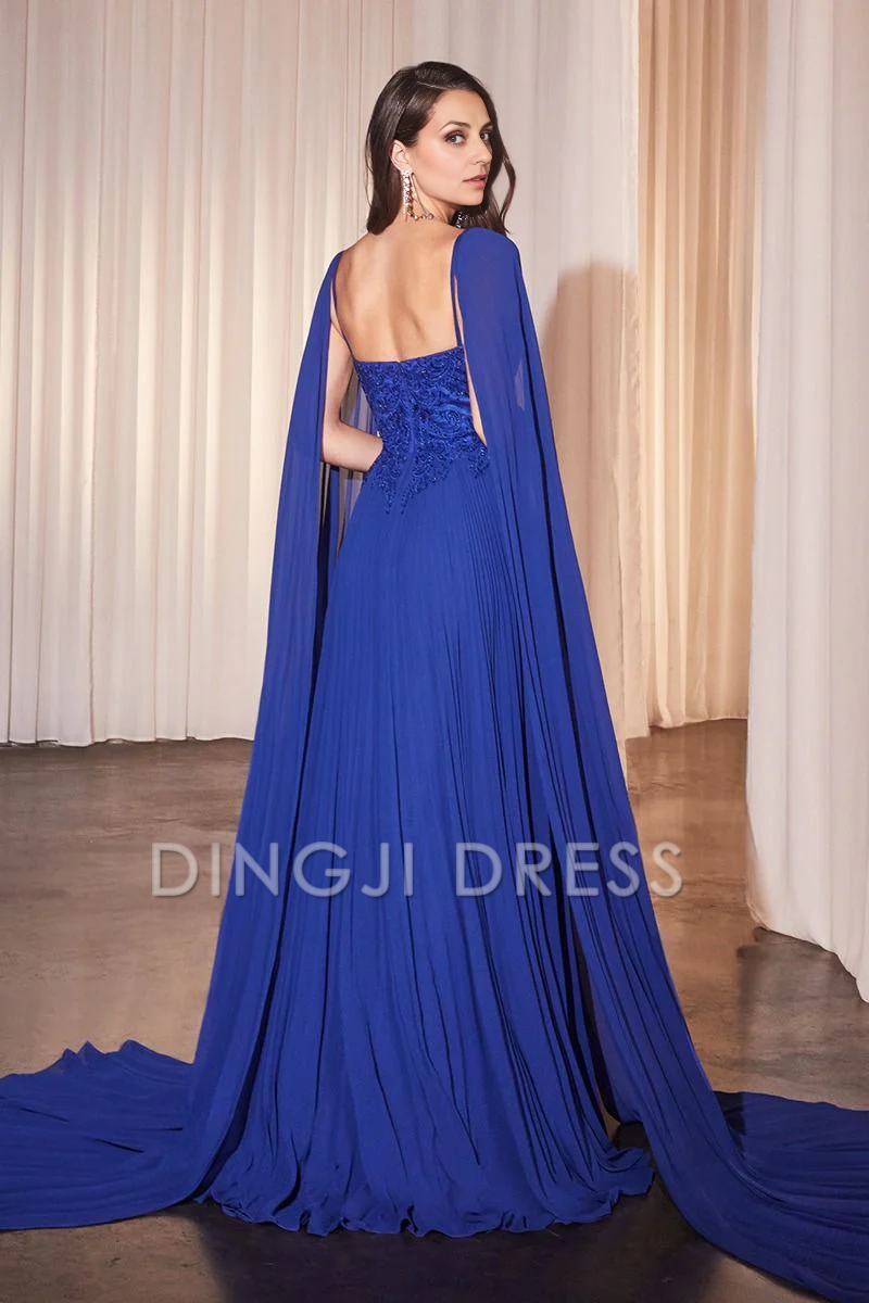 DingJiDress Evening Dress Pleated A Line Spaghetti Strap Lace Bodice Sweetheart Cape Sleeves Fashion Mother Of The Bride Dress