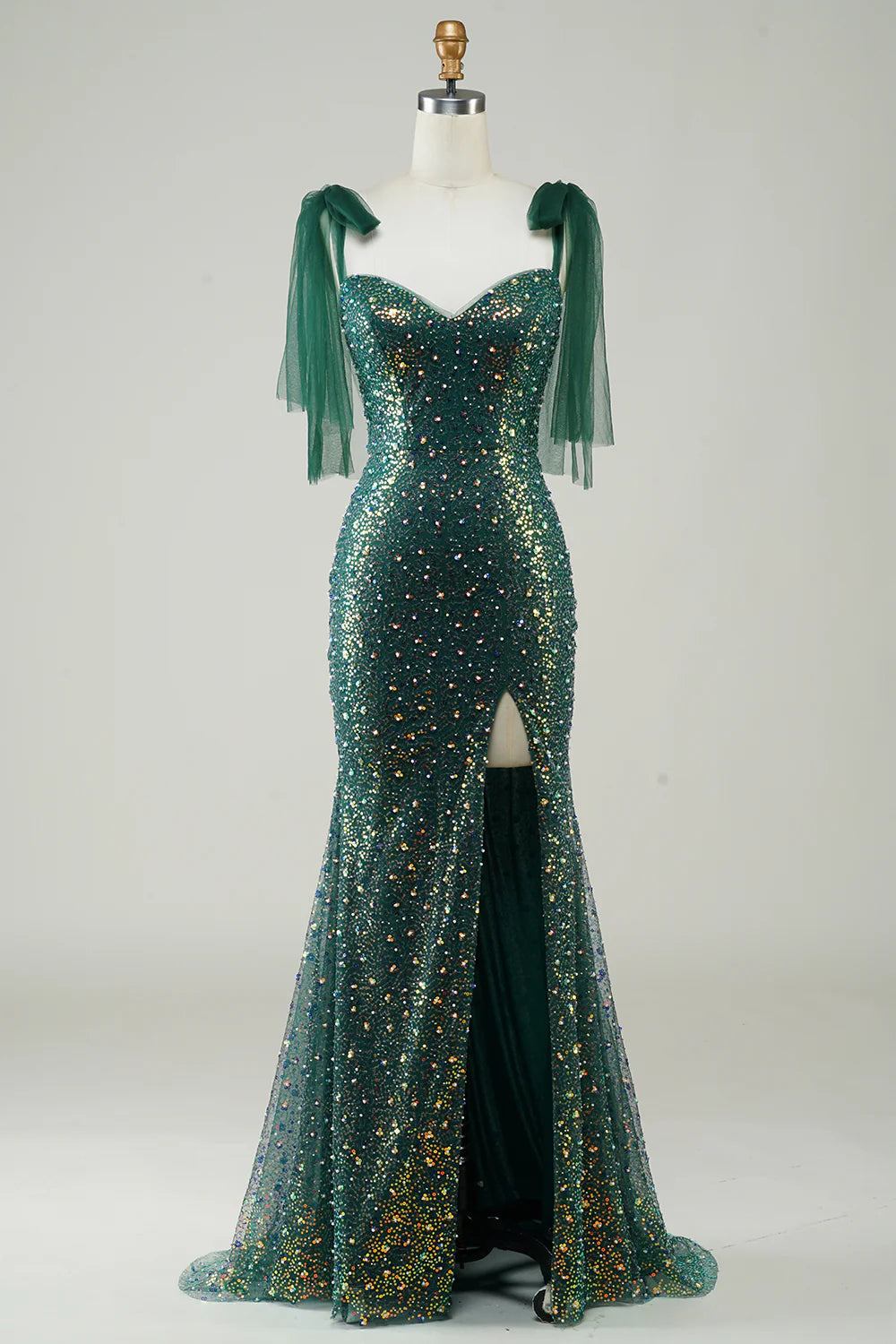 DingJiDress Sparkly Dark Green Mermaid Sequin Long Prom Dress with Slit