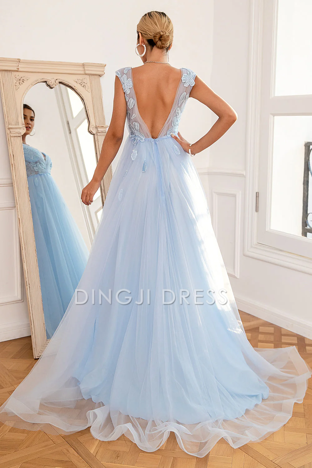 DingJiDress High Quality Dress Evening Dress A Line Deep V Neck Sleeveless Backless Appliques Fantastic Long Prom Dress