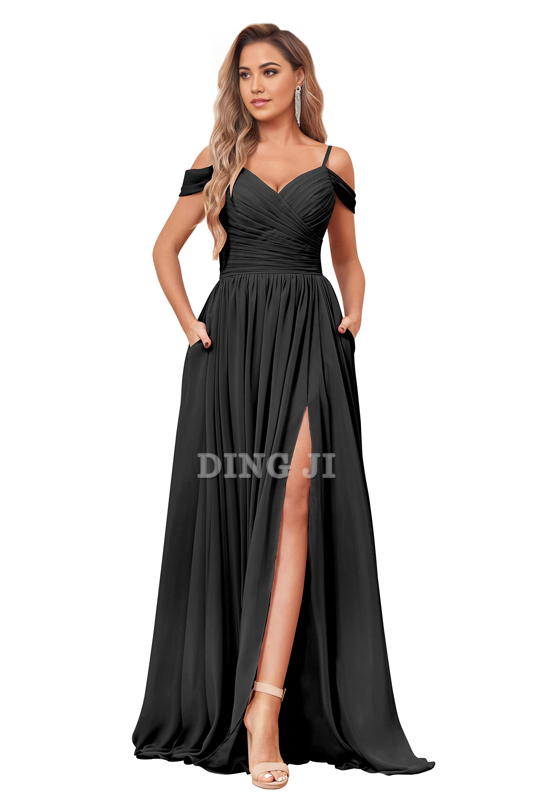 DingJiDress Bridesmaid Dresses Elegant V Neck Off The Shoulder Ruched Chiffon Side Fork Long Formal Wear Dresses