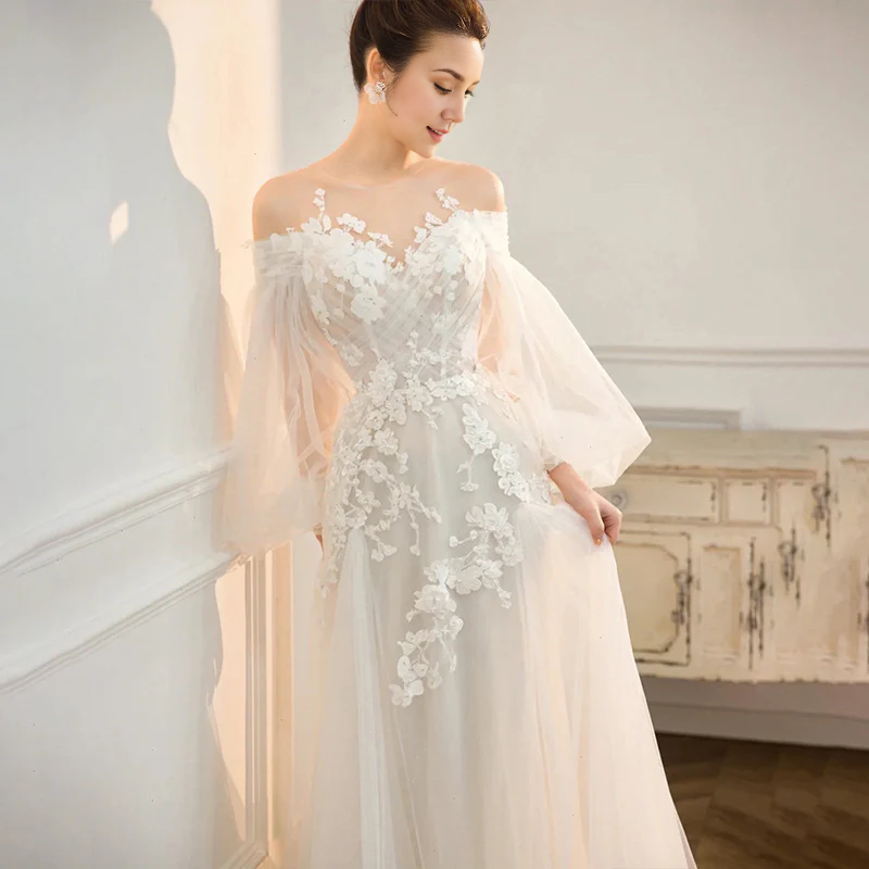 DingJiDress Formal Women's Dresses Off Shoulder Long Sleeves Lace Applique Fairy Bridal Wedding Dress