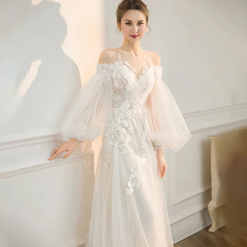 DingJiDress Formal Women's Dresses Off Shoulder Long Sleeves Lace Applique Fairy Bridal Wedding Dress