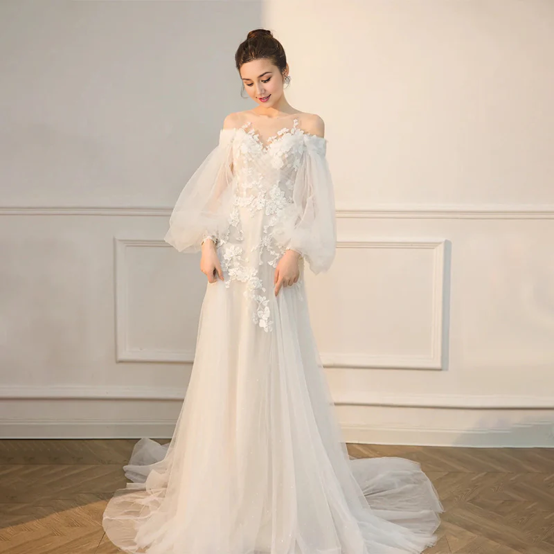 DingJiDress Formal Women's Dresses Off Shoulder Long Sleeves Lace Applique Fairy Bridal Wedding Dress