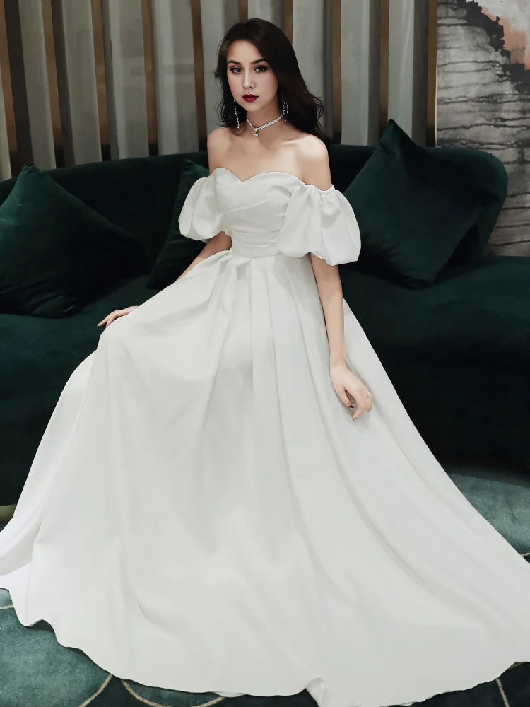 DingJiDress Formal Women's Dresses Off Shoulder Heart-shaped collar Long Elegant Simple Wedding Dress