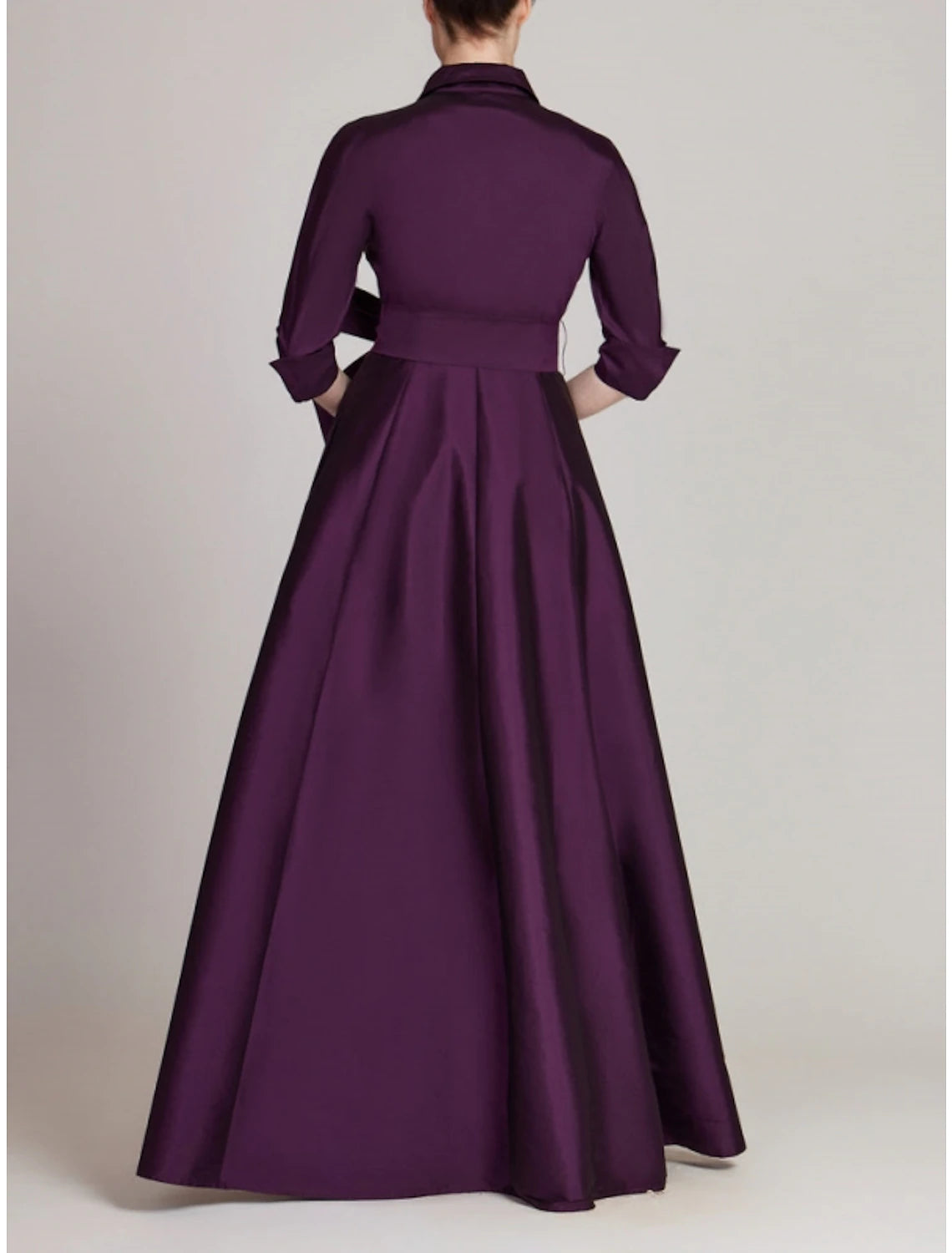 Satin A-Line Evening Gown Minimalist Black Christmas Dress Formal Fall Floor Length Half Sleeve Shirt Collar with Bow(s) Pleats