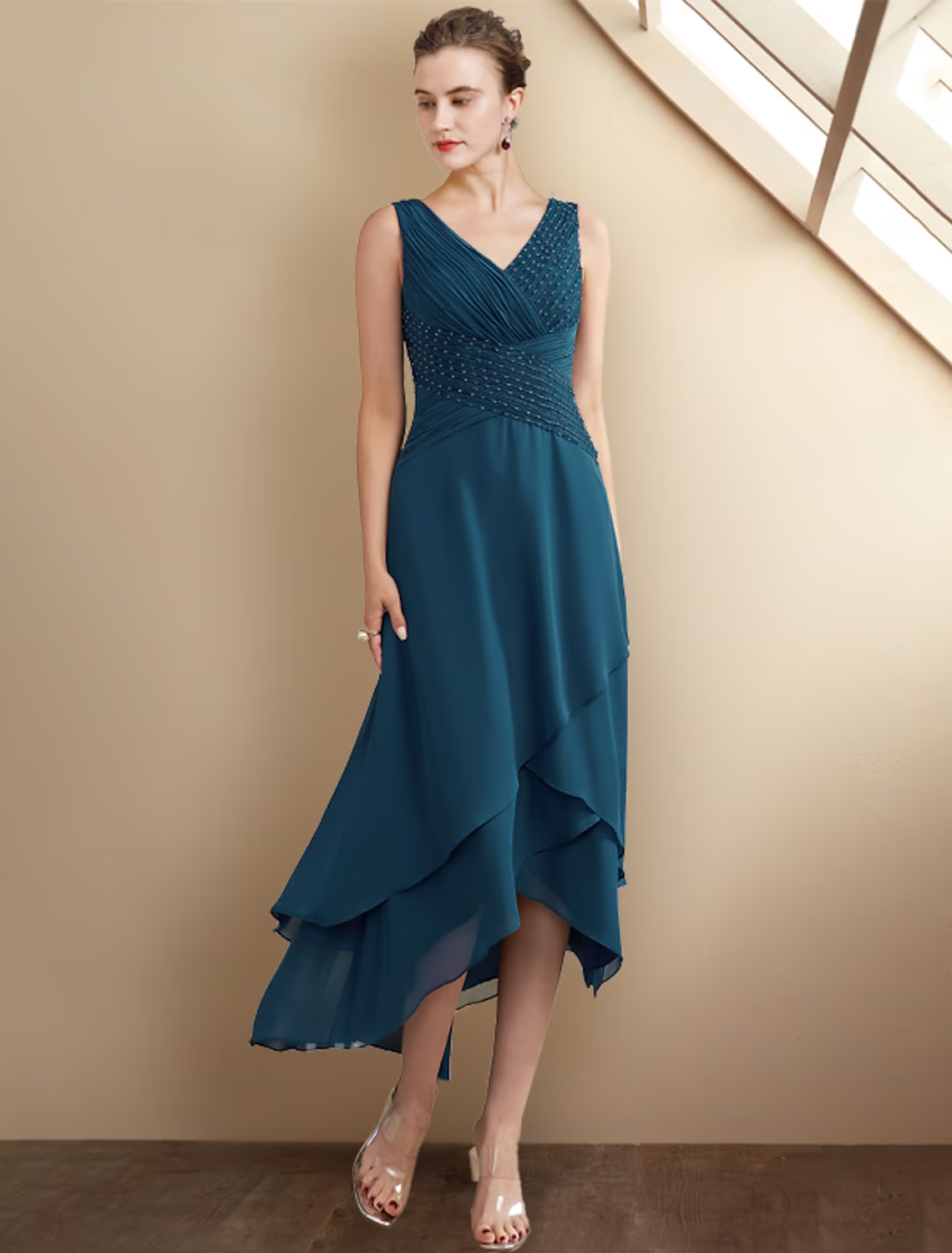 A-Line Mother of the Bride Dress Elegant High Low V Neck Asymmetrical Chiffon Sleeveless Wrap Included with Beading Cascading Ruffles Side-Draped