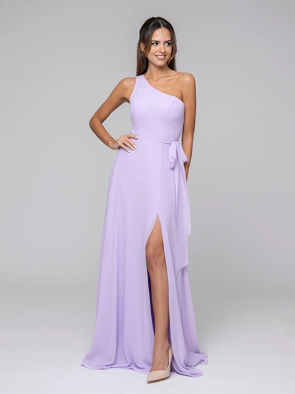 DingJiDress One Shoulder Slit Chiffon Bridesmaid Dresses With Sash Bridesmaid Dresses