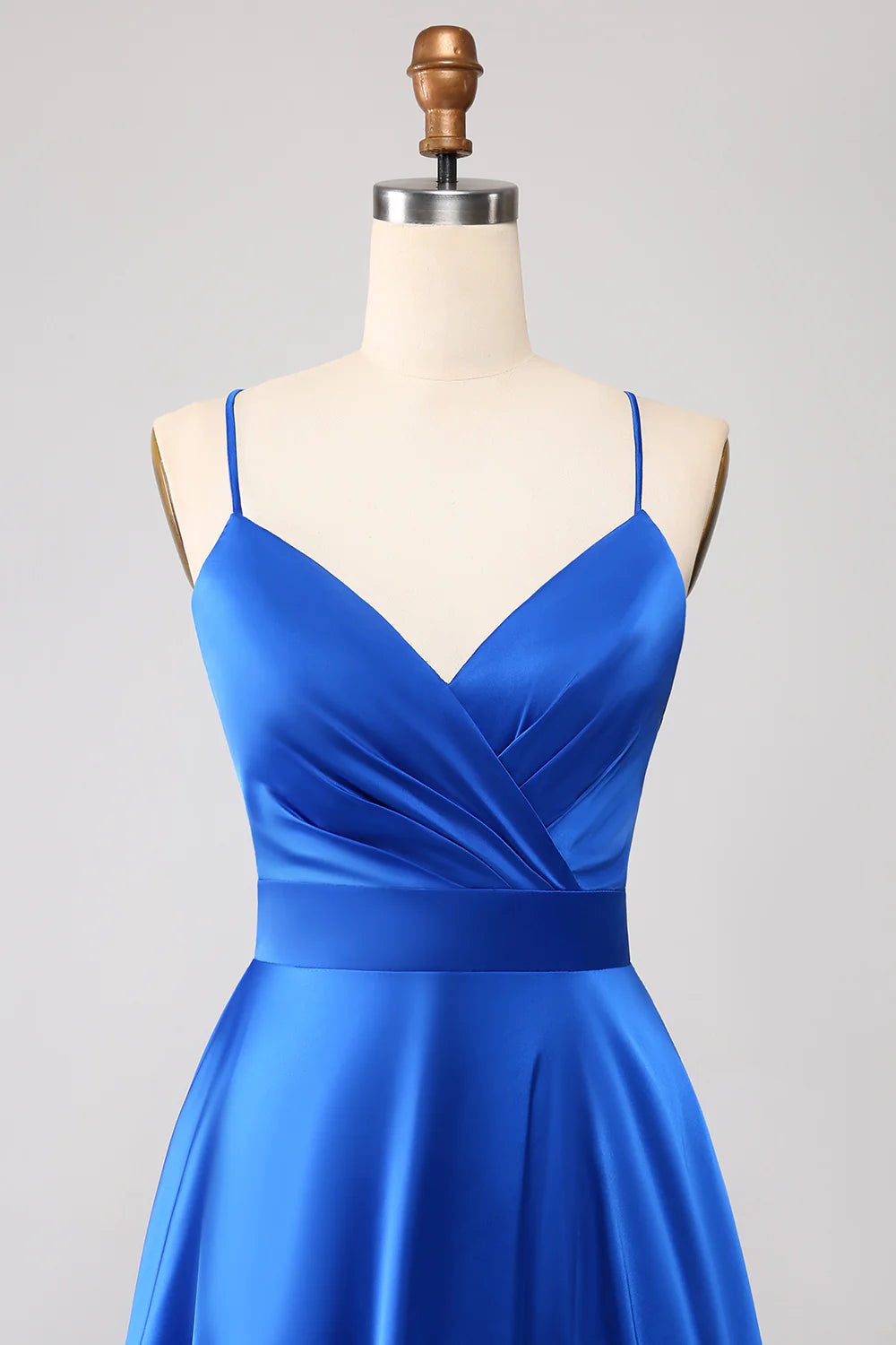 DingJiDress Royal Blue A Line Spaghetti Straps Satin Prom Dress with Slit