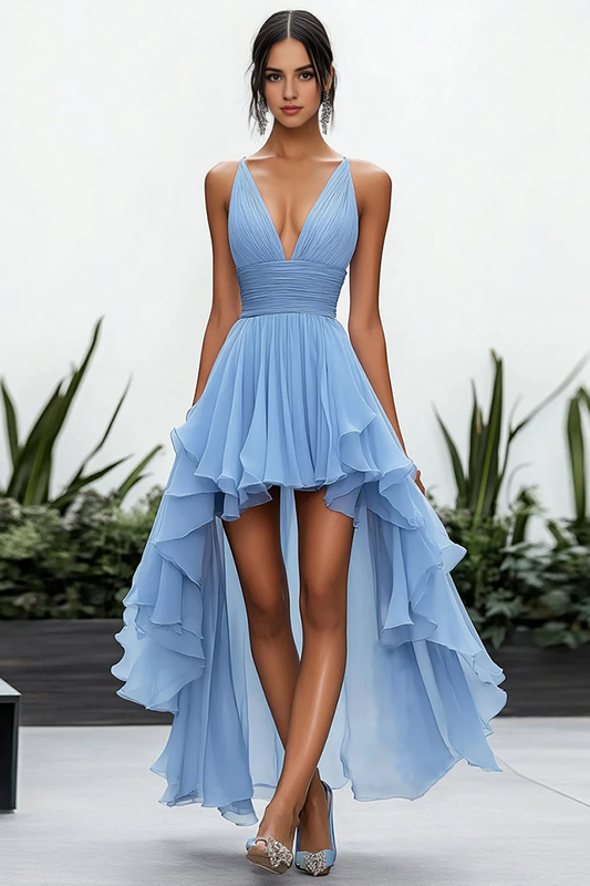 DingJiDress High Quality Dress A Line Deep V-Neck High-Low Chiffon Ruched Fashion Prom Dress