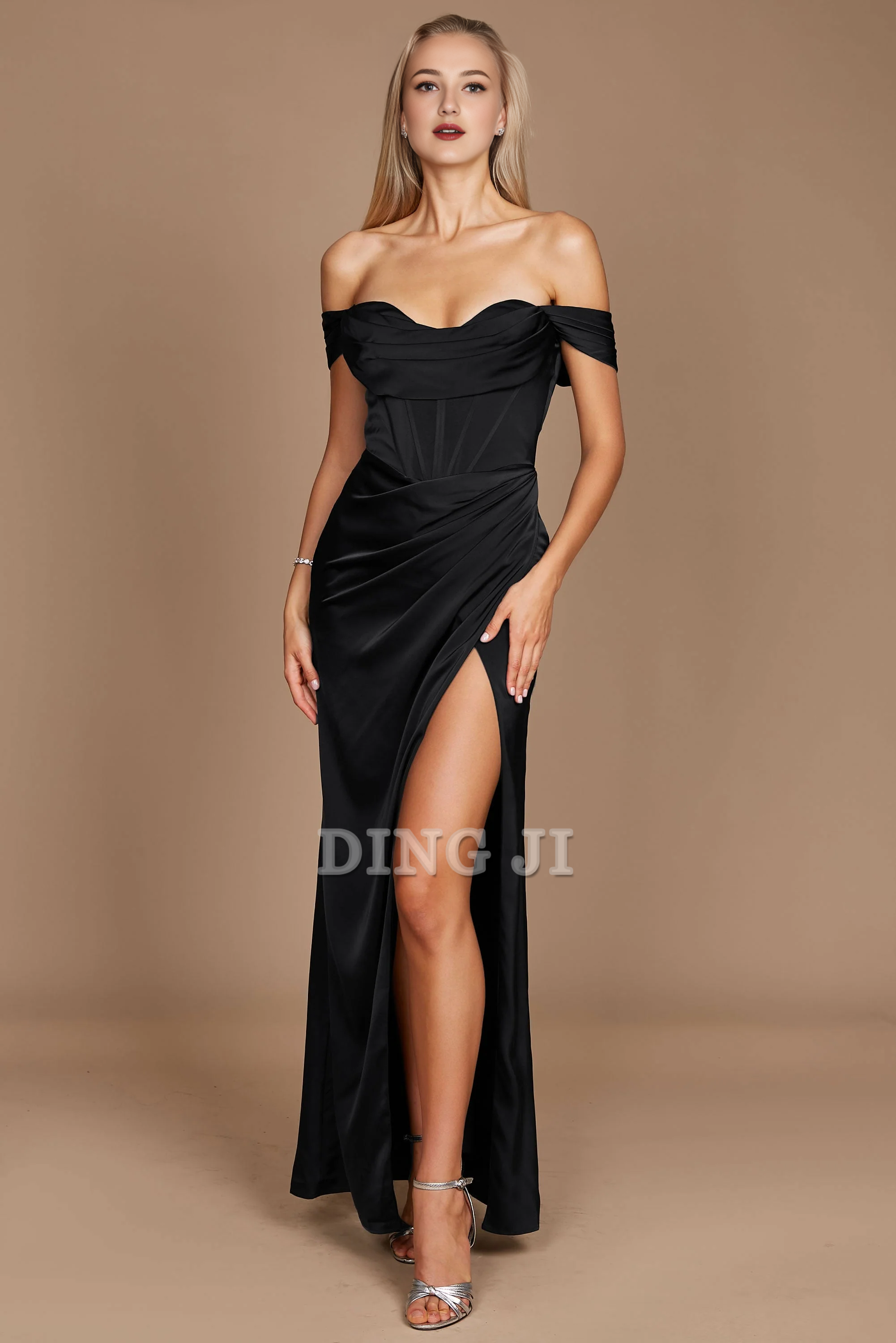 DingJiDress Bridesmaid Dresses Off Shoulder sweetheart neckline Corset Satin Backless Side Fork Dresses Long Wedding Guests Dresses