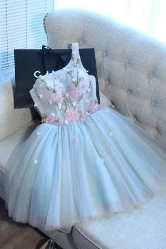 DingJiDress Short Prom Dress A Line One Shoulder Juniors Tulle Cute Graduation Dress With Flower Fashion Homecoming Dress
