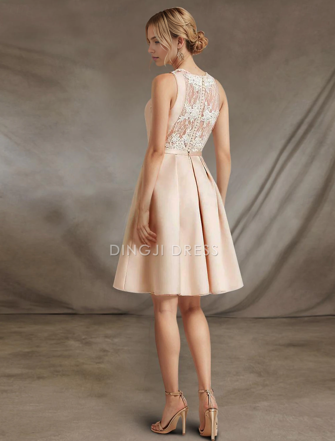 DingJiDress Hot Sale Short Prom Dress Elegant A-Line Sleeveless Jewel Neck Cocktail Dresses Party Dress Wedding Guest Satin with Lace Knee-Length Simple New Homecoming Dress