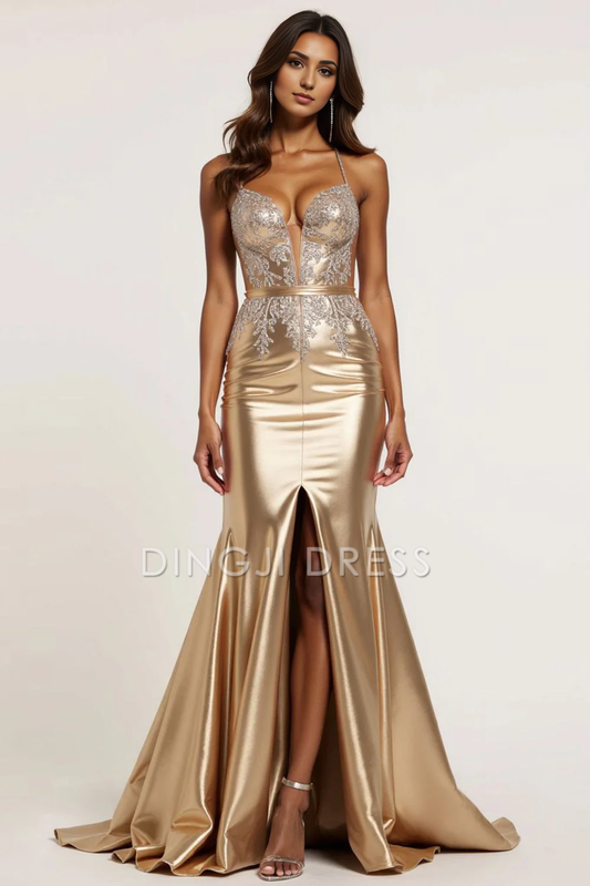 DingJiDress High Quality Dress Charming Mermaid Spaghetti Strap Sweetheart Lace Applique With Slit Long Prom Dress
