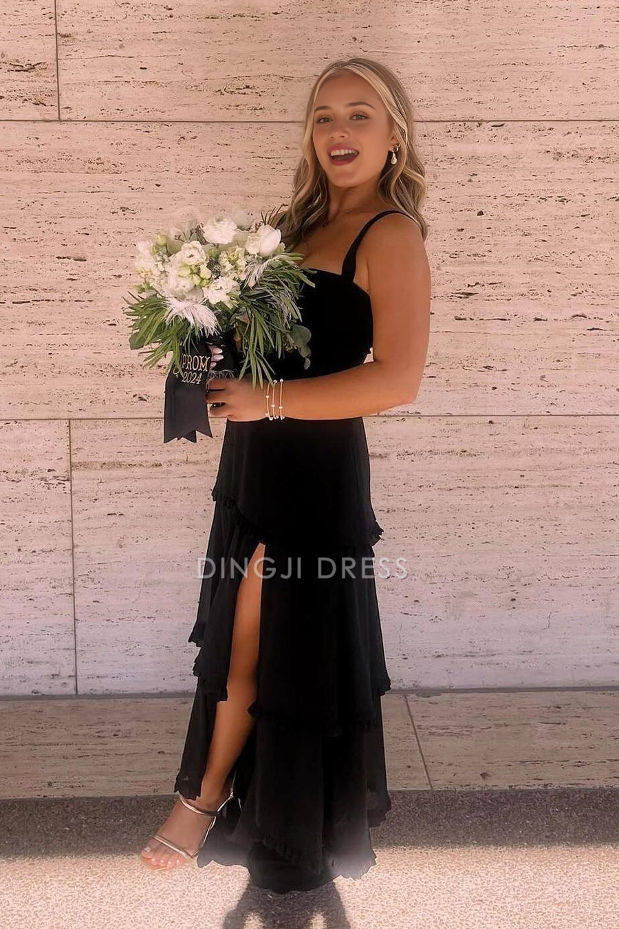 DingJiDress Formal Dress A-Line Spaghetti Strap Sleeveless Tiered Ruffled Side Fork Long Party Fashion Prom Dress