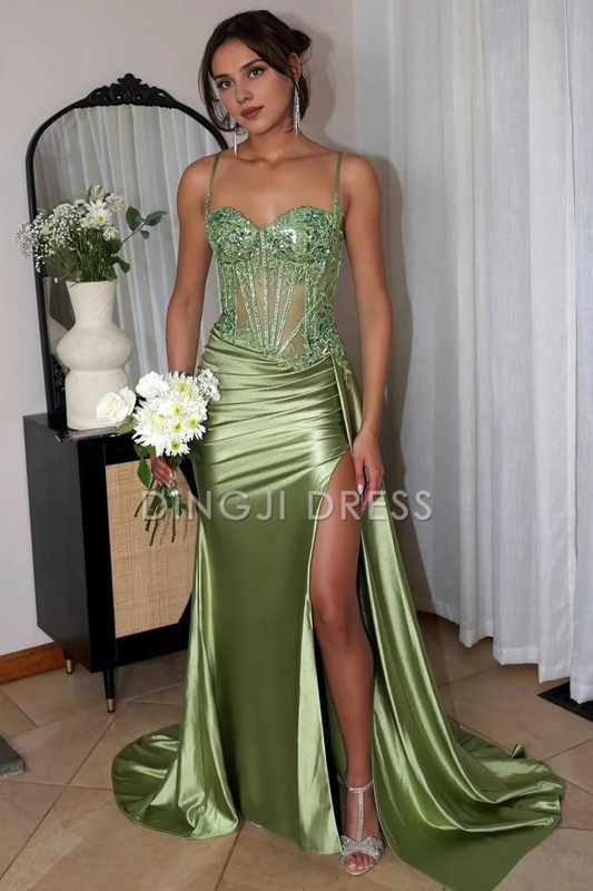 DingJiDress Stunning Mermaid Spaghetti Straps Pleated Long Glitter High Slit Luxurious Prom Dress