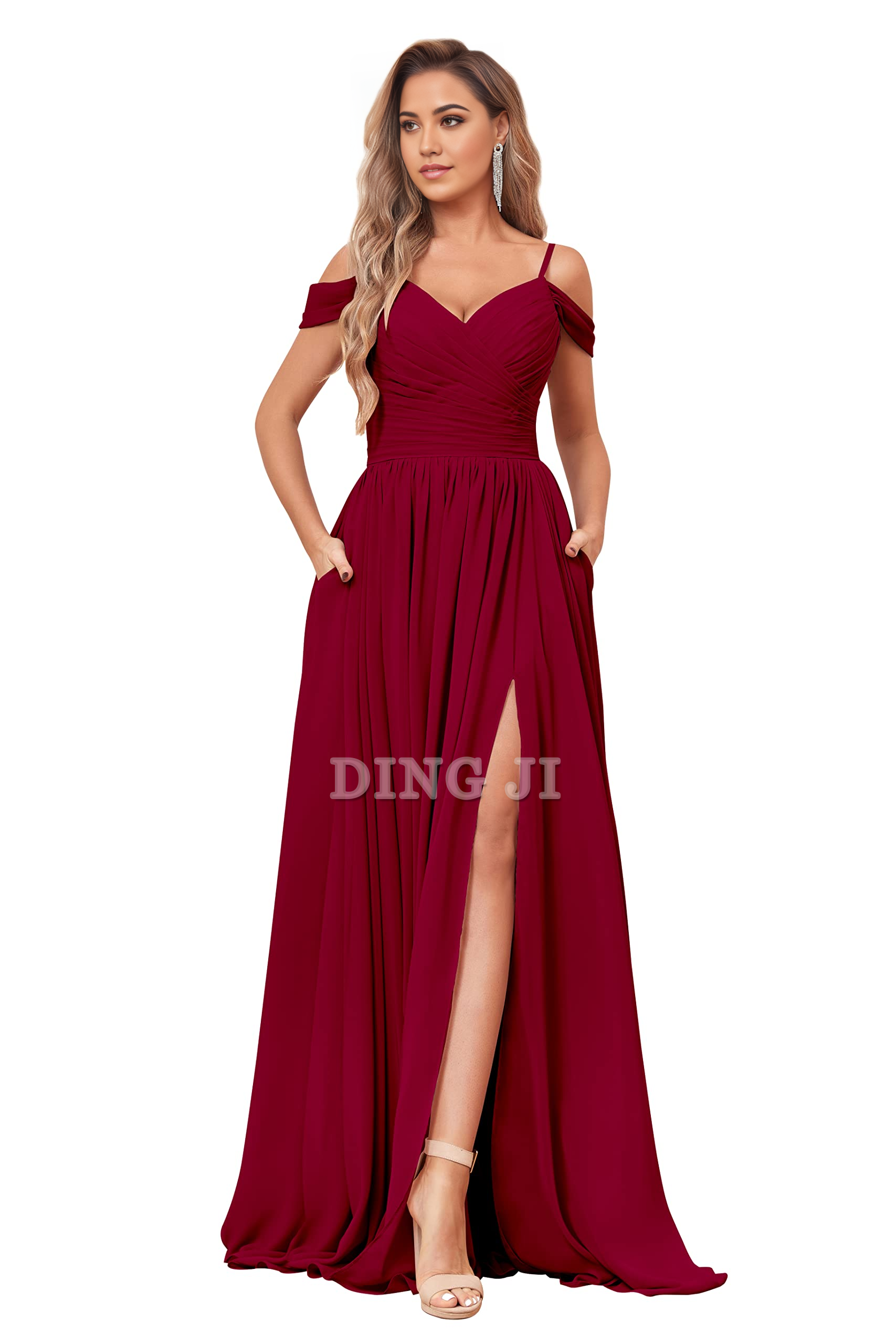 DingJiDress Bridesmaid Dresses Elegant V Neck Off The Shoulder Ruched Chiffon Side Fork Long Formal Wear Dresses
