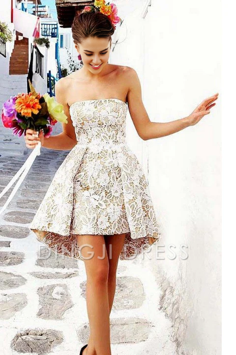 DingJiDress Short Prom Dress A-Line Strapless Lace Sexy Junior Dresses Sexy Best Selling Homecoming Dress