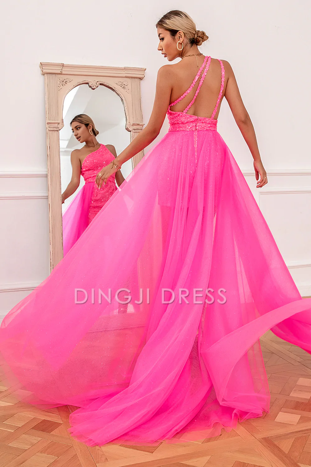 DingJiDress High Quality Dress Fashion One Shoulder Sequin Backless Short Skirt Detchable Train Prom Dress