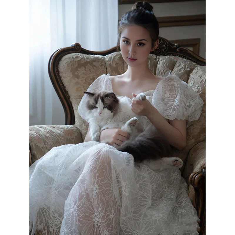 DingJiDress Formal Women's Dresses A Line Tulle Heart-Shaped Collar Short Sleeves Elegant Sweet Wedding Dress