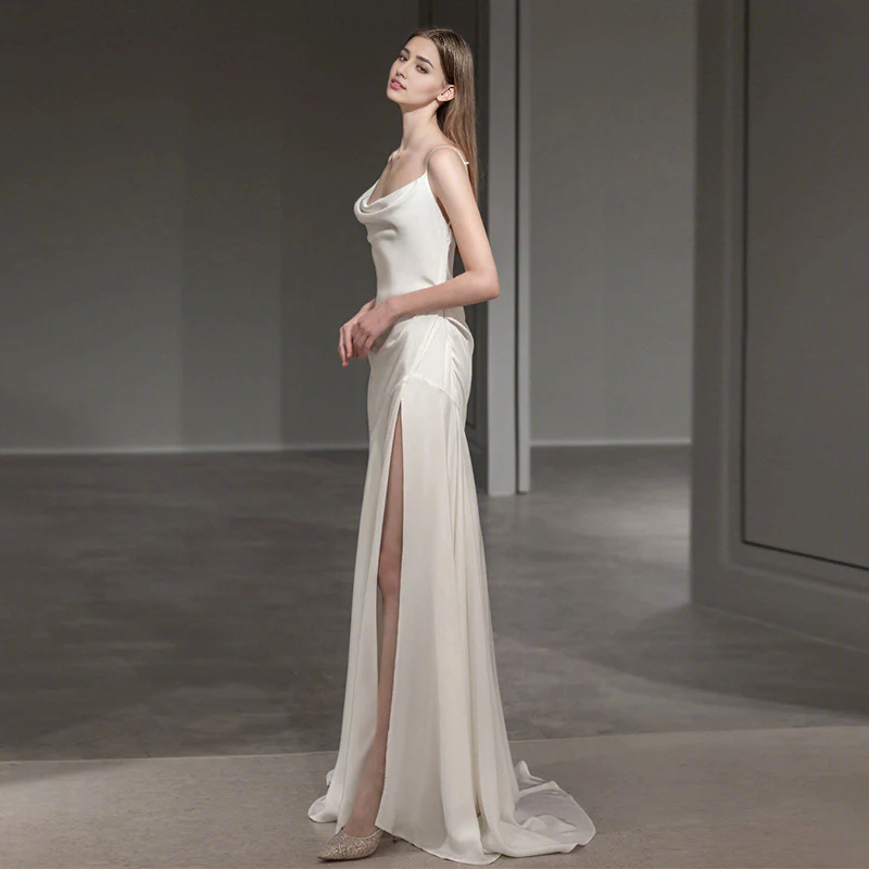 DingJiDress Formal Women's Dresses French Spaghetti Strap V Back Side Fork Simple Long Wedding Dress