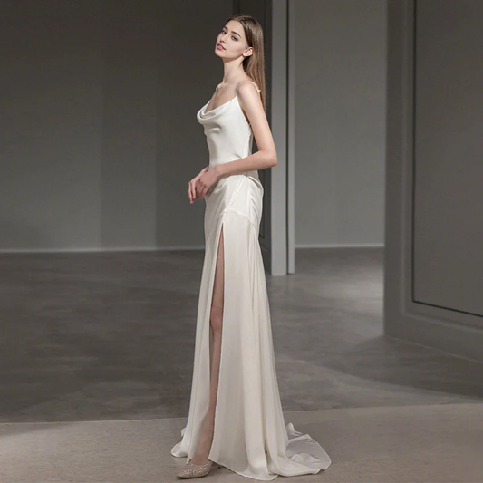 DingJiDress Formal Women's Dresses French Spaghetti Strap V Back Side Fork Simple Long Wedding Dress