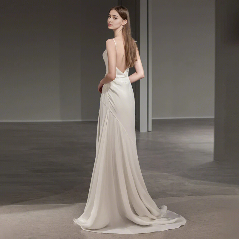 DingJiDress Formal Women's Dresses French Spaghetti Strap V Back Side Fork Simple Long Wedding Dress