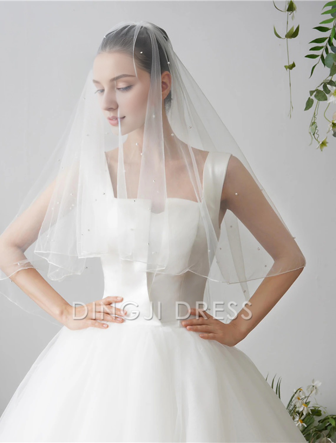 DingJi High Quality Two-tier Pearls Wedding Veil Fingertip Veils Faux Pearl 84.65 in (215cm) Tulle Hot Sale Veil