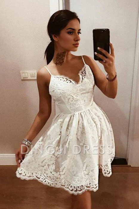 DingJiDress Short Prom Dress A-Line Spaghetti Straps Backless Lace With Appliques Best Selling Homecoming Dress