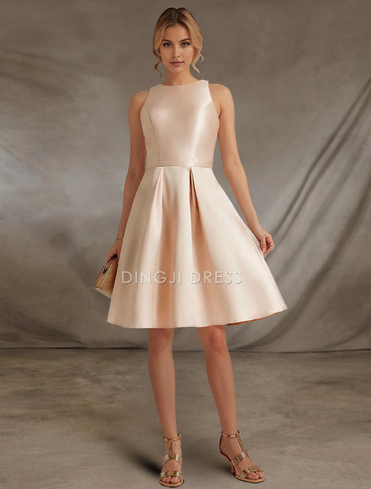 DingJiDress Hot Sale Short Prom Dress Elegant A-Line Sleeveless Jewel Neck Cocktail Dresses Party Dress Wedding Guest Satin with Lace Knee-Length Simple New Homecoming Dress