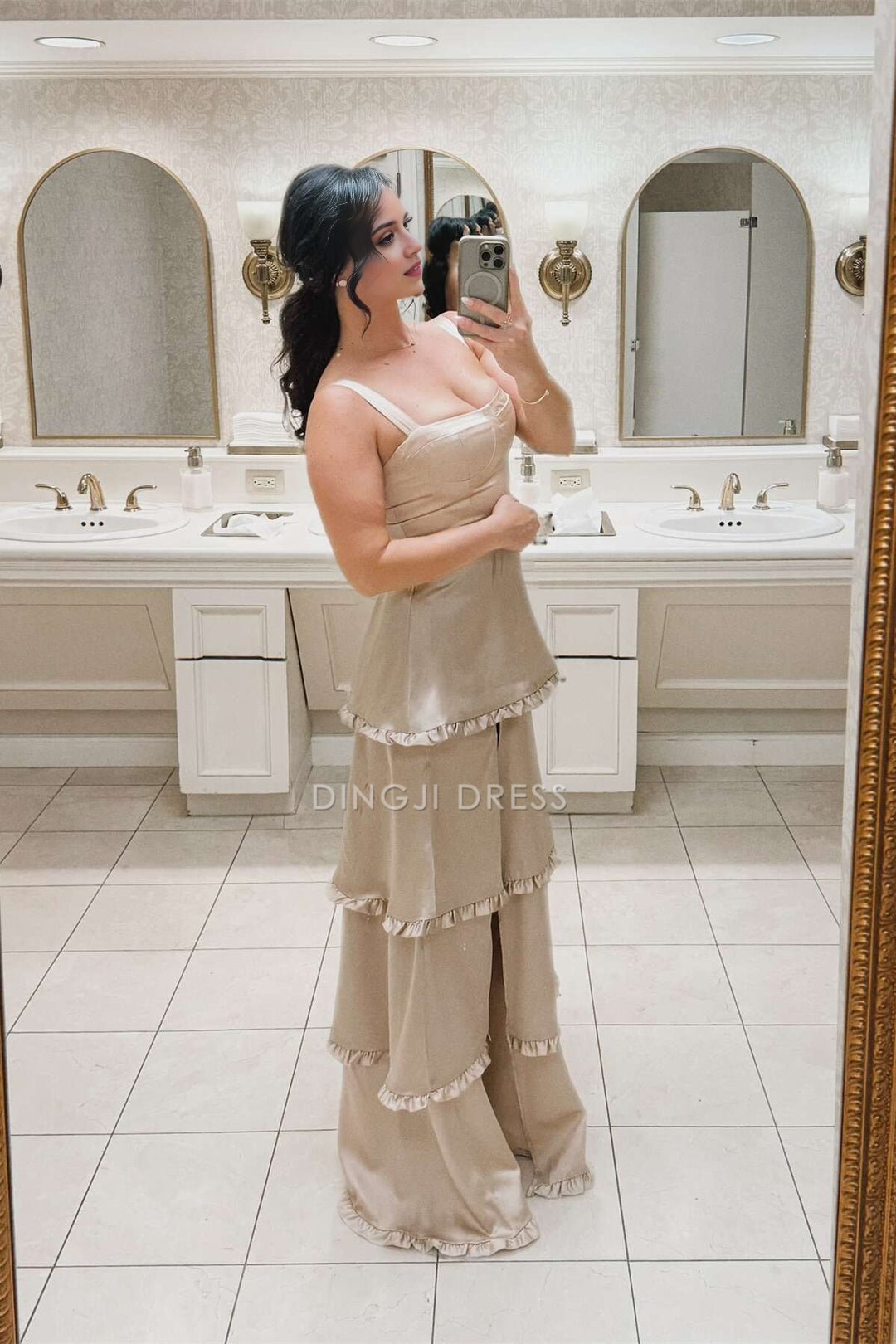 DingJiDress Formal Dress A-Line Spaghetti Strap Sleeveless Tiered Ruffled Side Fork Long Party Fashion Prom Dress