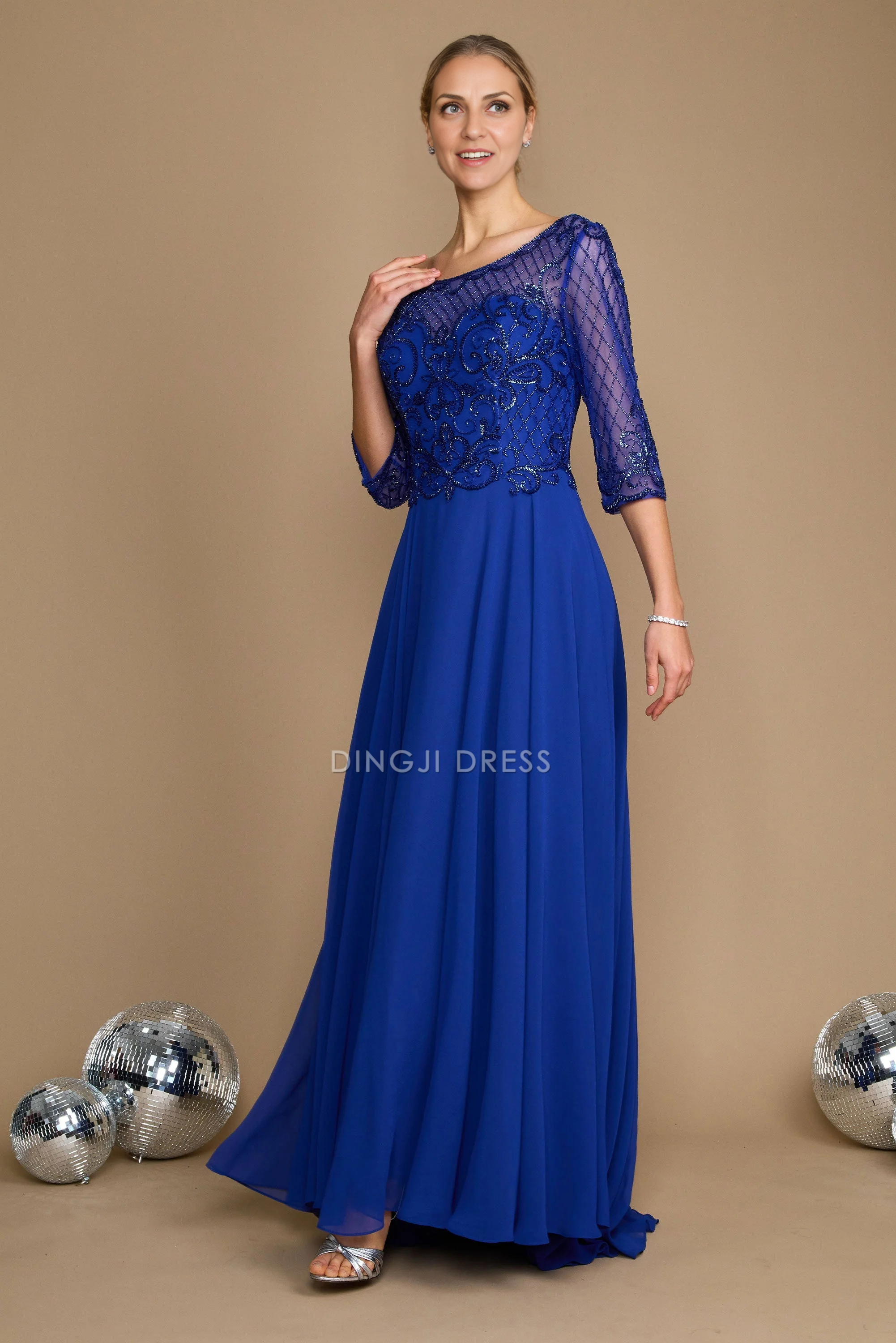 DingJiDress Evening Dress A Line Round Neck 3/4 Sleeve Exquisite Mother Of The Bride Dress
