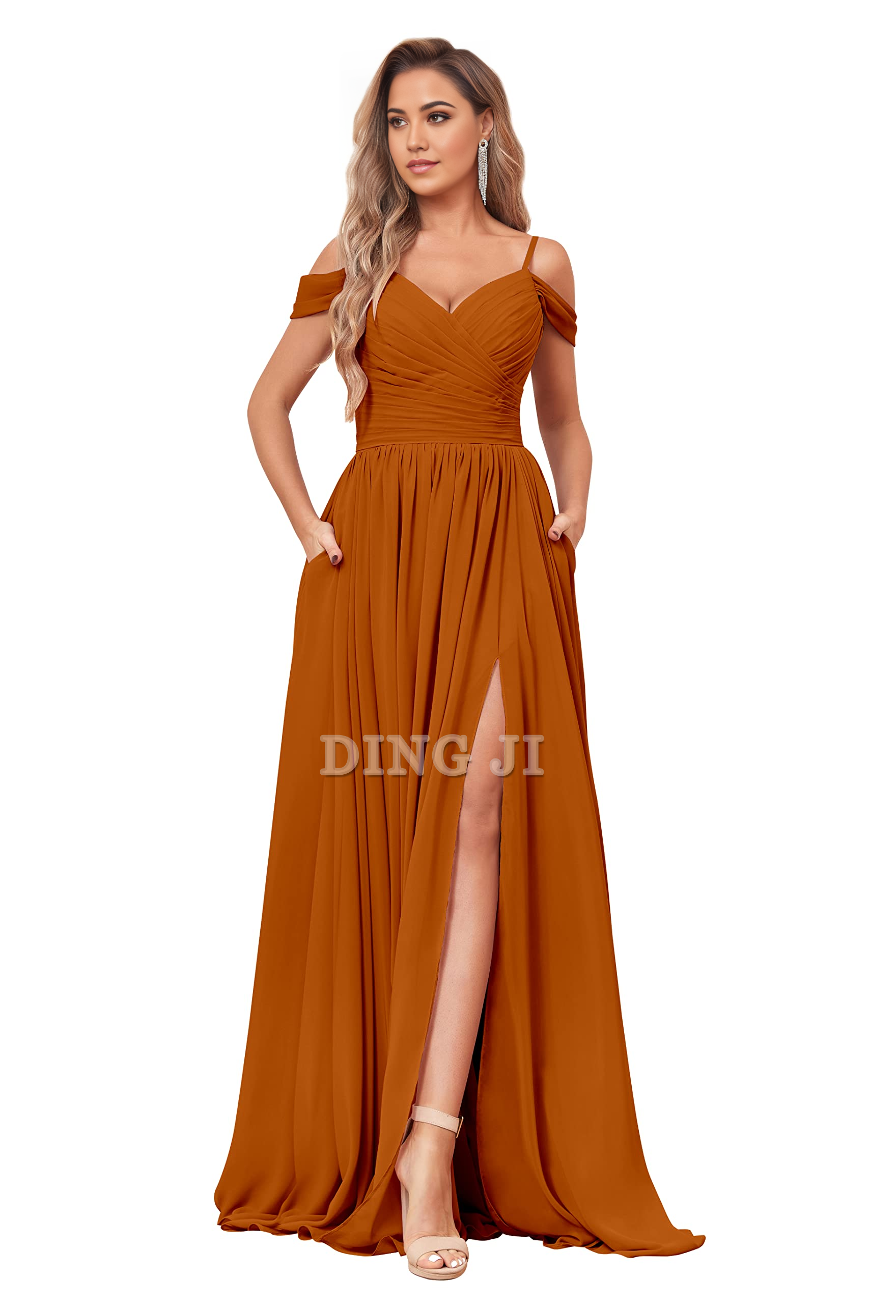 DingJiDress Bridesmaid Dresses Elegant V Neck Off The Shoulder Ruched Chiffon Side Fork Long Formal Wear Dresses